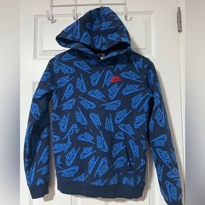 Boys Nike Club Fleece Hoodie L Sweatshirt Allover Swoosh Print Blue Fleece Logo